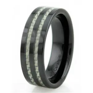 Black Ceramic Mens Ring with White Carbon Fiber Inlay - Size 9