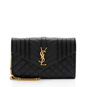 Pre-owned Yves Saint Laurent Leather Clutches & Wristlets Saint Laurent Mixed Matelasse Grain de Poudre Monogram Chain Wallet