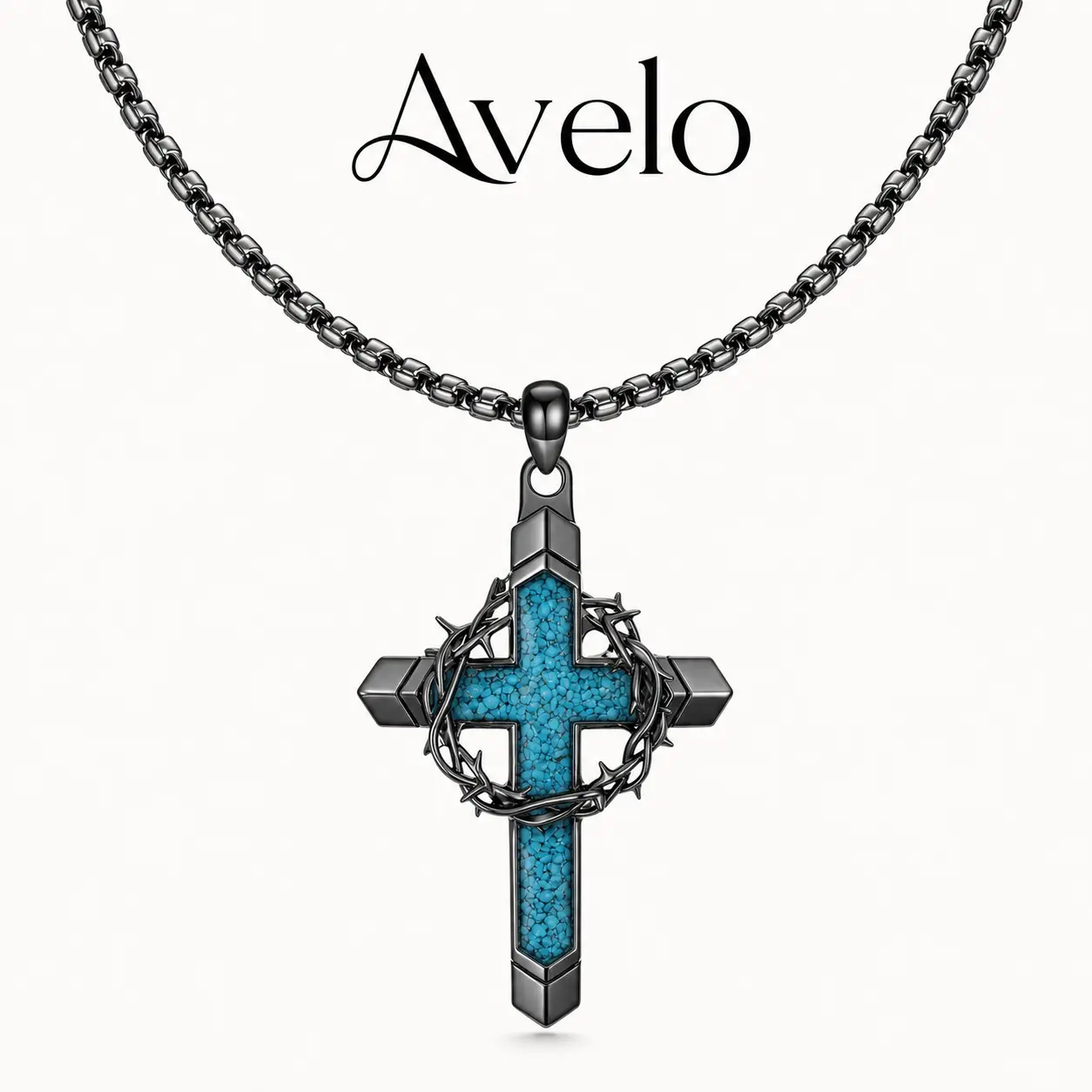 Crown of Thorns Cross Necklace with Turquoise Inlay, Silver Tone Statement Pendant for Men and Women, Christian Faith Jewelry, Necklaces For Women, Men's Jewelry