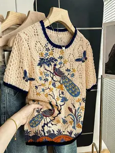 Women's Elegant Peacock Butterfly Floral Animal Print Mesh Knit Sweater, Round Neck Short Sleeve, Casual Everyday Breathable Top for Spring Summer Fall