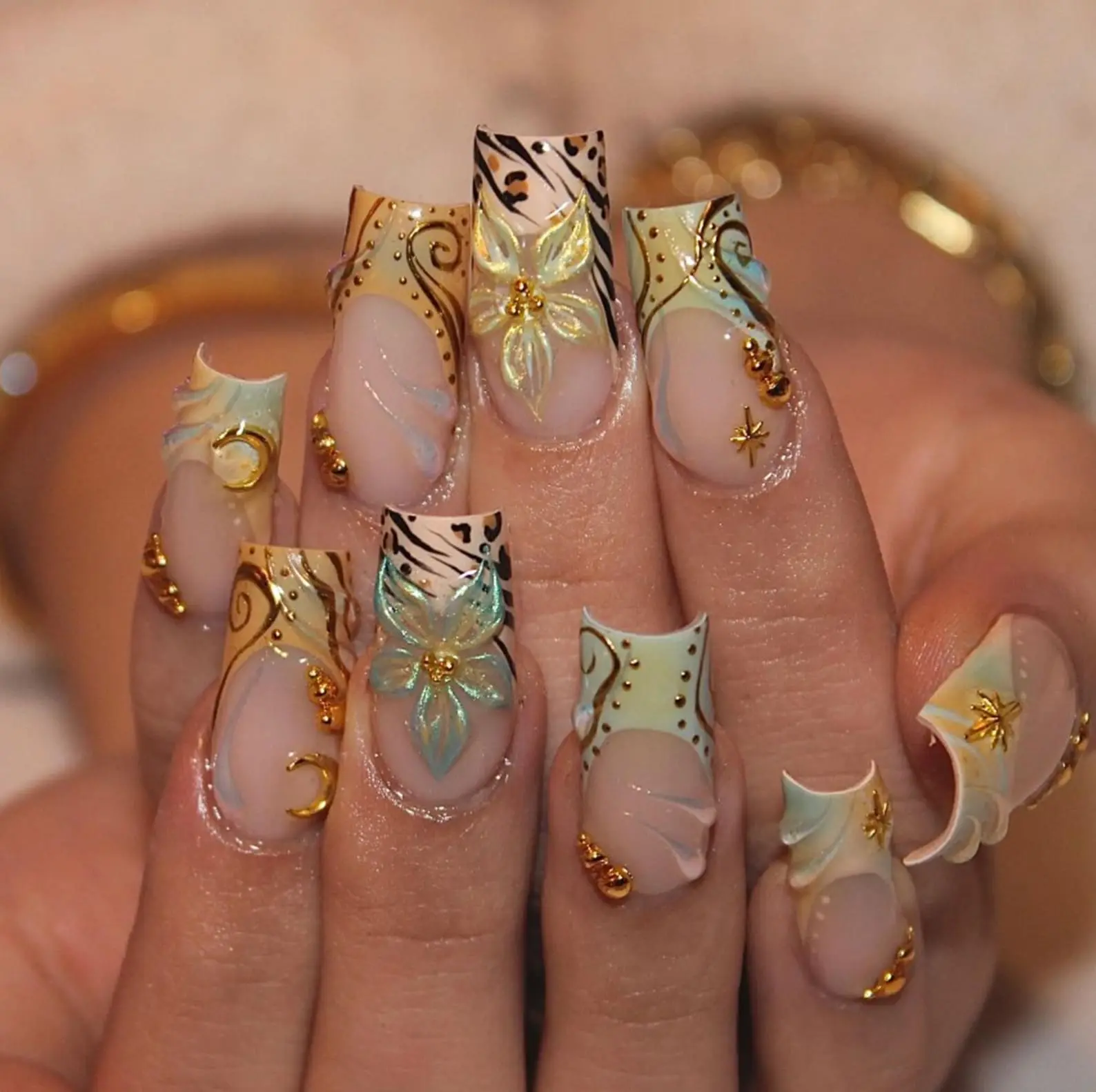 Handmade Mint Bloom Press On Nails – 3D Floral Art with Gold Baroque Swirls and Soft Zebra Accents, Long Square Luxury Nails
