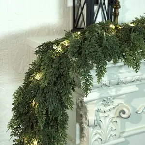 Realistic Christmas Garland with Lights-8 Lighting Modes 6FT Real  Lush Artificial Prelit Cedar Garlands for Stairs Railing Fireplace Table Xmas Christmas Decorations Indoor Outdoor Holiday Decor