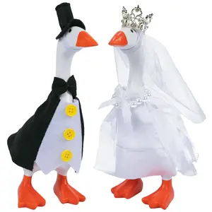 2 Set 7 Inch Desk Goose Outfits Wedding Mini Goose Clothes Desktop Goose Outfits - Bride & Groom Clothes with Veil, Crown, Bow Tie & Tuxedo, Funny Desk Geese Dress Up Accessories