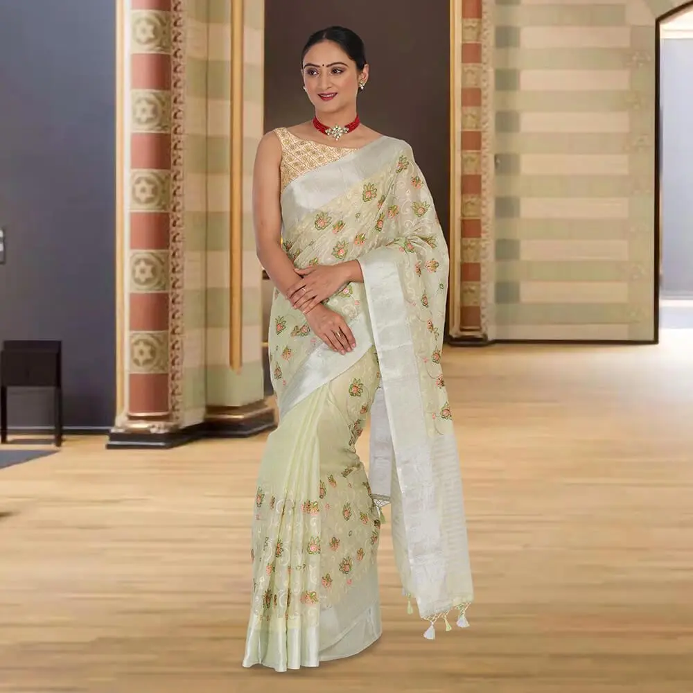 Tissue Banarasi saree with embroidery - Sea Green