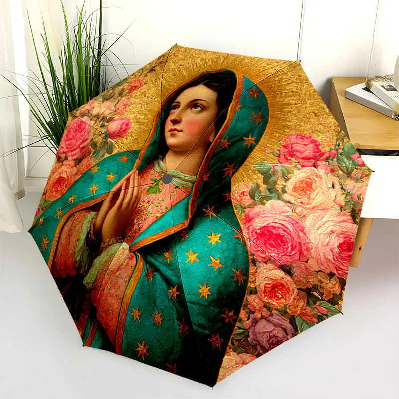 1 PC Automatic Folding Umbrella - Our Lady of Guadalupe Pattern, Portable & Foldable Design with 8 Ribs, Merry Christmas Pattern,Casual Outdoor Accessory Halloween and Christmas Birthday Gifts. B0055