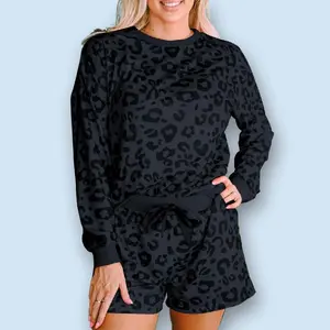 Women's All Over Leopard Print Bow Decor Lounge Set, Drop Shoulder Round Neck Sweatshirt & Elastic Waist Pocket Shorts, Valentine's Day Pajamas, Pajama Sets Women, Ladies Sleepwear for All Seasons, Pajama Sets