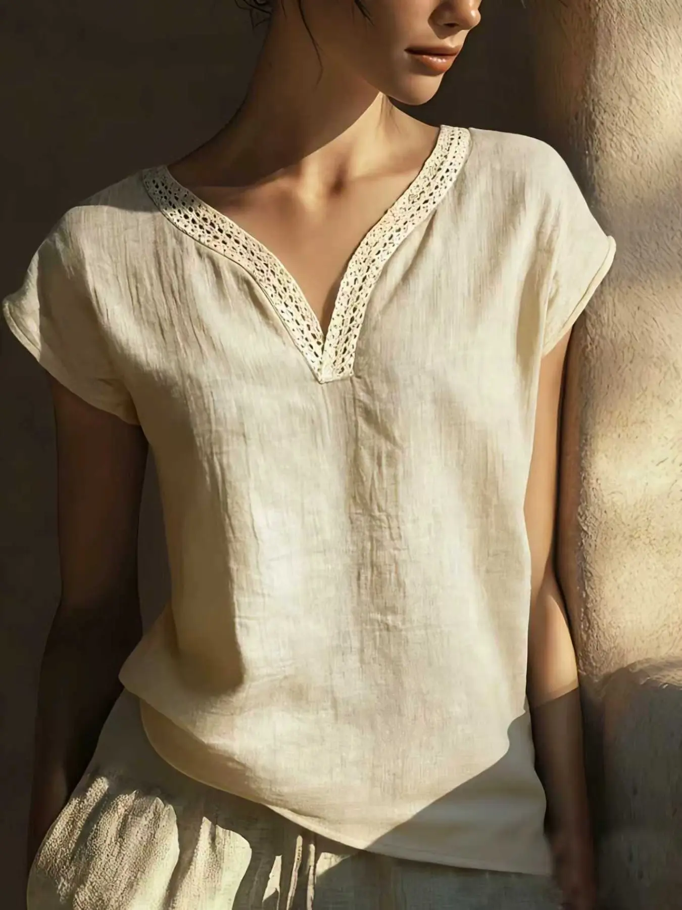 Women's Elegant Bohemian Casual Lace V-Neck Shirt Top, Summer Vintage Cotton Linen Blouse Fit, Cross-Border Fashion Womenswear, New Arrival 2026