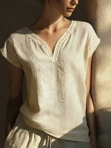 Women's Elegant Bohemian Casual Lace V-Neck Shirt Top, Summer Vintage Cotton Linen Blouse Fit, Cross-Border Fashion Womenswear, New Arrival 2026