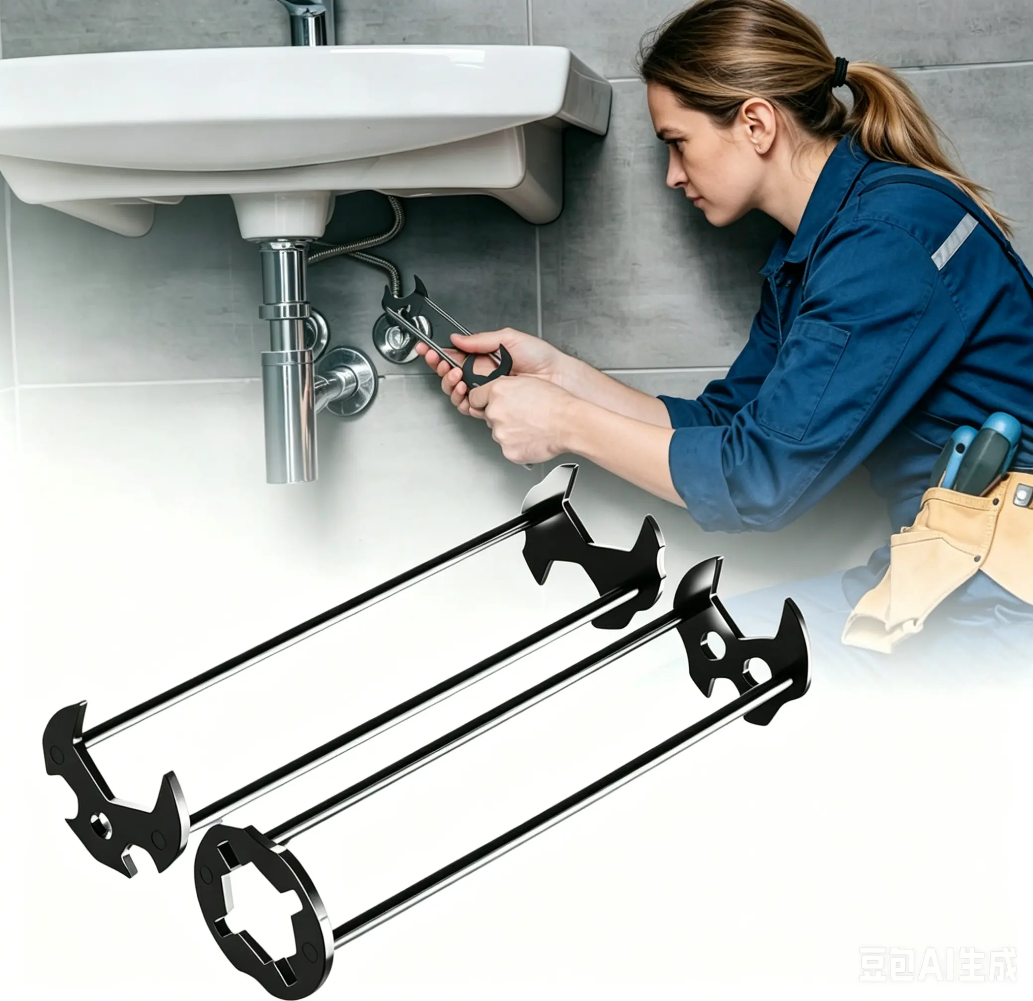 2-Piece Sink Wrench Set, Heavy Duty Tool with High-Strength Metal Combination Spanner, Anti-Slip Grip, Adjustable Jaw, Slim Compact Design for Plumbing Faucet Repair, Narrow Spaces