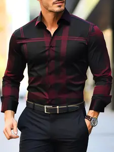 Men's Plaid Print Long Sleeve Dress Shirt, Casual Comfy Collared Button Design Top for Work Office Business, Men's Clothes for All Seasons, Casual Stylish Menswear, Menswear
