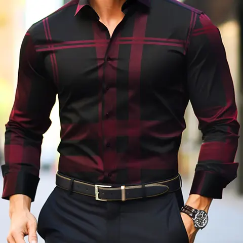【Black Friday】Men's Plaid-Print Long-Sleeve Dress Shirt, Comfortable Fitted Button-Front Style Shirt, Year-Round Wear for Work, Business and Casual Occasions, Menswear