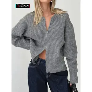 Women's Long Sleeve Zipper Knitted Cardigan Sweater Casual Fitted Fall & Winter Knitwear  Zip Through Jumper