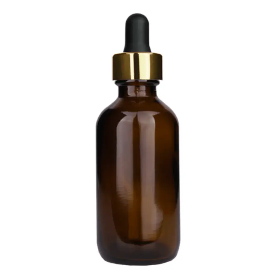 Boston Round Amber Bottle - 60ml (Multiple Dropper Colors): Shiny Gold, Black Dropper