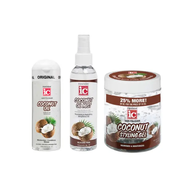 Fantasia IC Coconut Oil Hair Care Bundle - 6oz Hydrating Serum, 6oz Moisturizing Mist, 20oz Nourishing Styling Gel for Dry, Frizzy Hair, Moisturizer, Hydrate