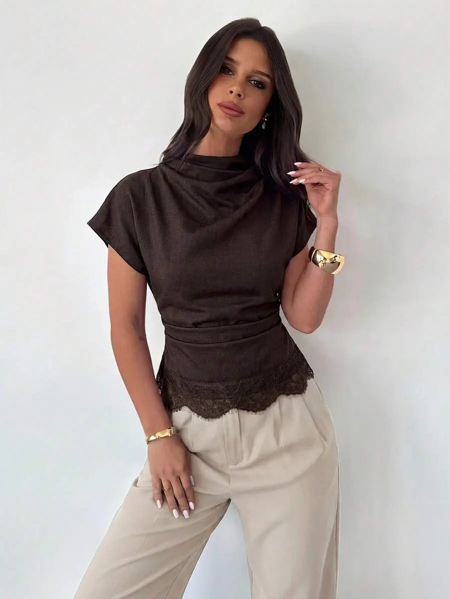 Crinkle Collar Asymmetrical Sleeve Side Ruched Cinched Waist Commuter Office Brown Bamboo Linen Fabric Women Shirt, Summer Teachers' Day Elegant