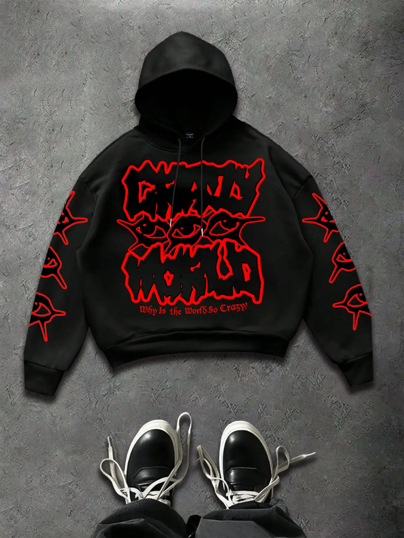 Y2K Streetwear Graphic Gothic Style Hoodie Men Women Oversized Red & Black "Crazy World" Gothic Print Sweatshirt - Harajuku Grunge Pullover for Retro Aesthetic Fits