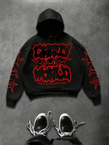 Y2K Streetwear Graphic Gothic Style Hoodie Men Women Oversized Red & Black "Crazy World" Gothic Print Sweatshirt - Harajuku Grunge Pullover for Retro Aesthetic Fits