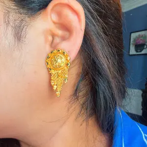 Women's Elegant Gold Drop Earrings - Intricate Design, Dainty Chain-Attached Fashion Costume Jewelry Accessory, Dainty Chain Earrings, Chain-Attached Earrings