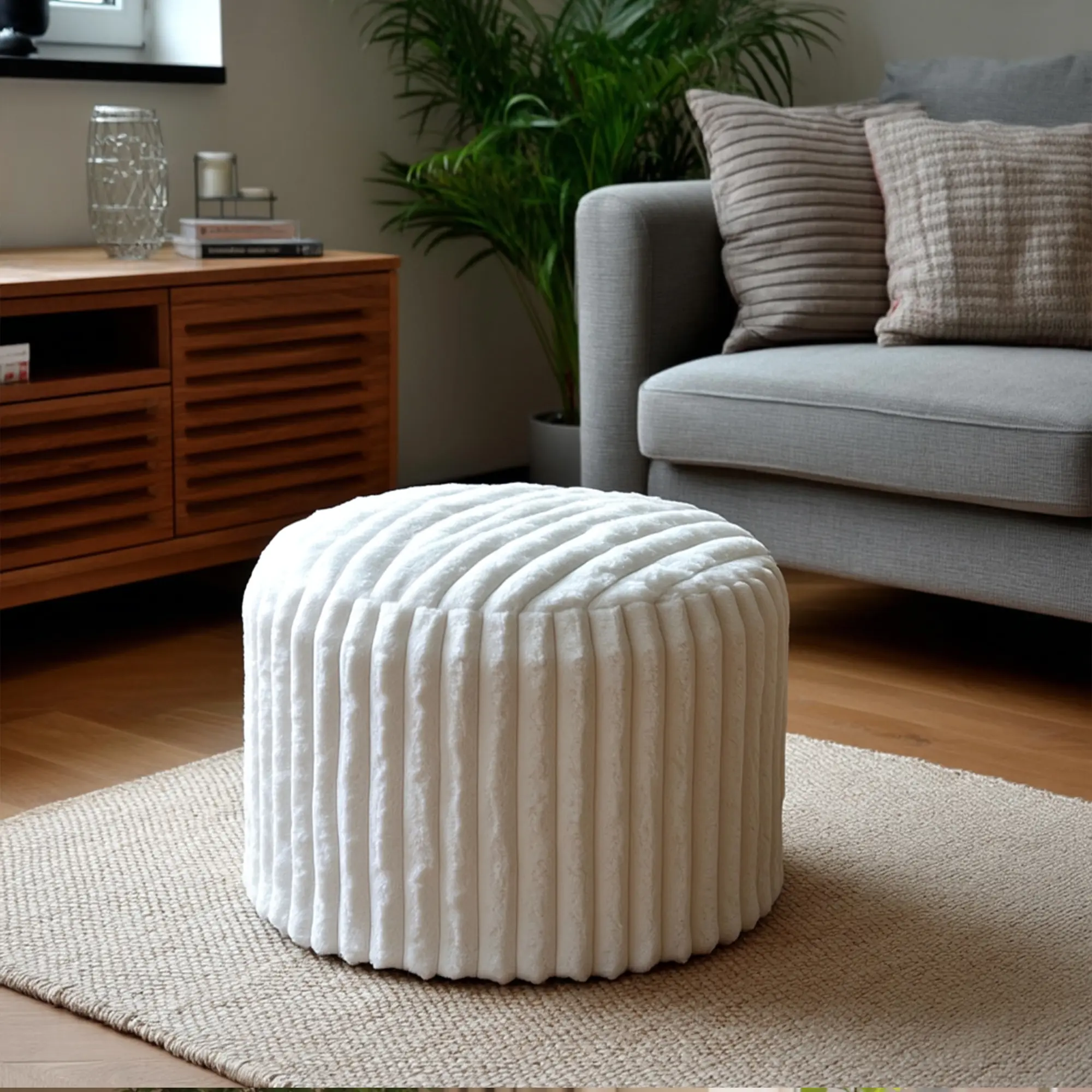 Round Stuffed Pouf Ottoman, Stripe Faux Fur Footrest, Solid Block Support+Soft Cushion Comfort, Removable Washable Cover, 20" Floor Pouf for Living Room Bedroom Dorm Vanity, Cream Beige