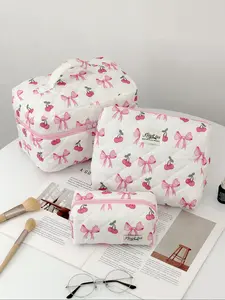 Cherry & Bow Pattern Makeup Bag Set, 1 Set Cute Makeup Storage Bag, Storage Toiletry Bag, Travel Makeup Bag, Multi-function Storage Bag, Fashionable Portable Makeup Bag, Travel Cosmetic Bags