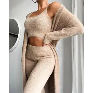 Autumn Winter Plush Vest Three-piece Sexy V-neck Plush Short Vest Trousers Suit Temperament Commuter Women's Three-piece SetGift