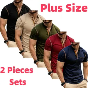 Plus Size 2 Pieces Sets Fashion Men's Polo Shirts Short Sleeve Golf Tshirt For Men Casual Outdoor Tennis T-Shirt Fashion Slim Fit Polos