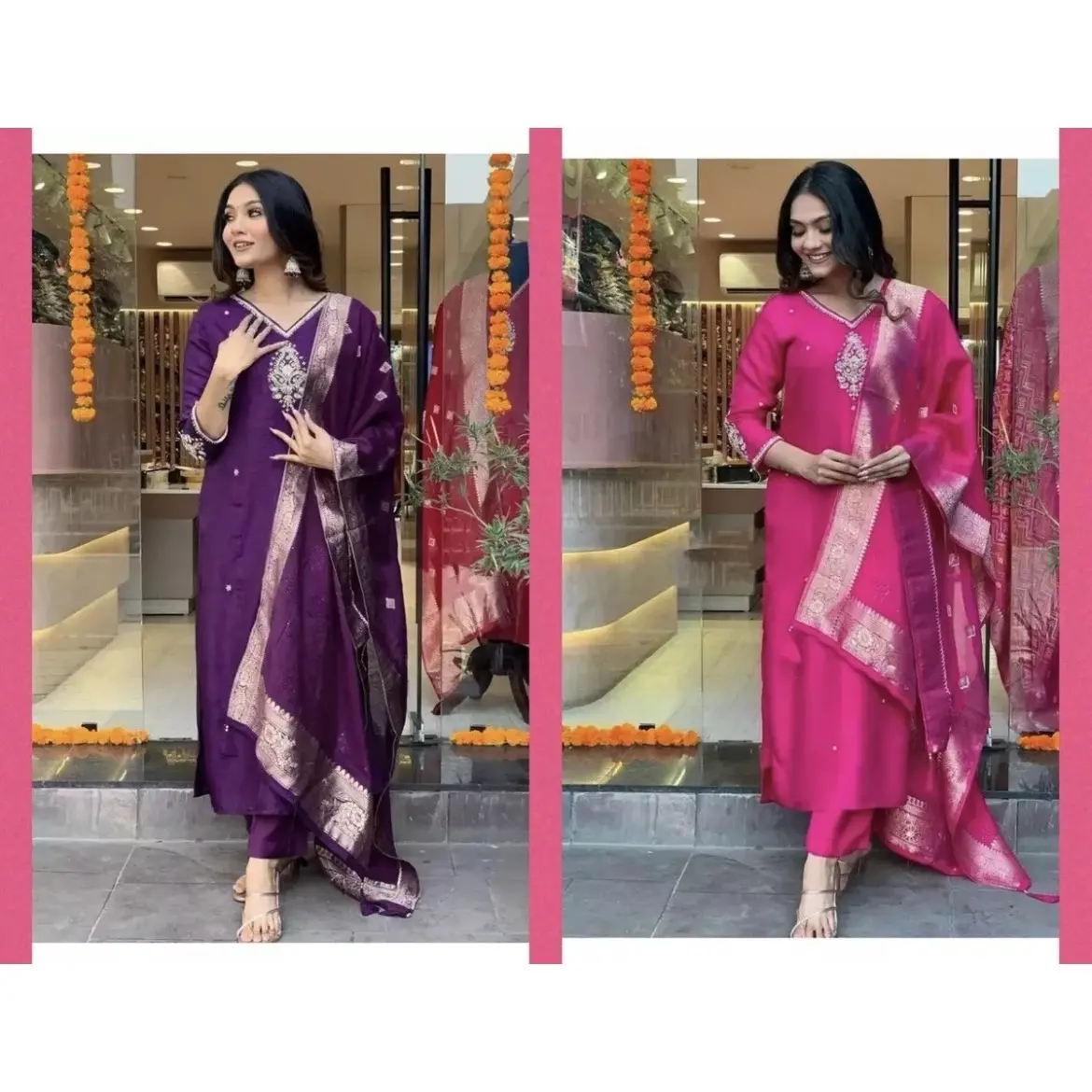 INDIAN GORGEOUS CHANDERI SILK EMBROIDERY WORK TOP BOTTOM WITH DUPATTA SIZE 40