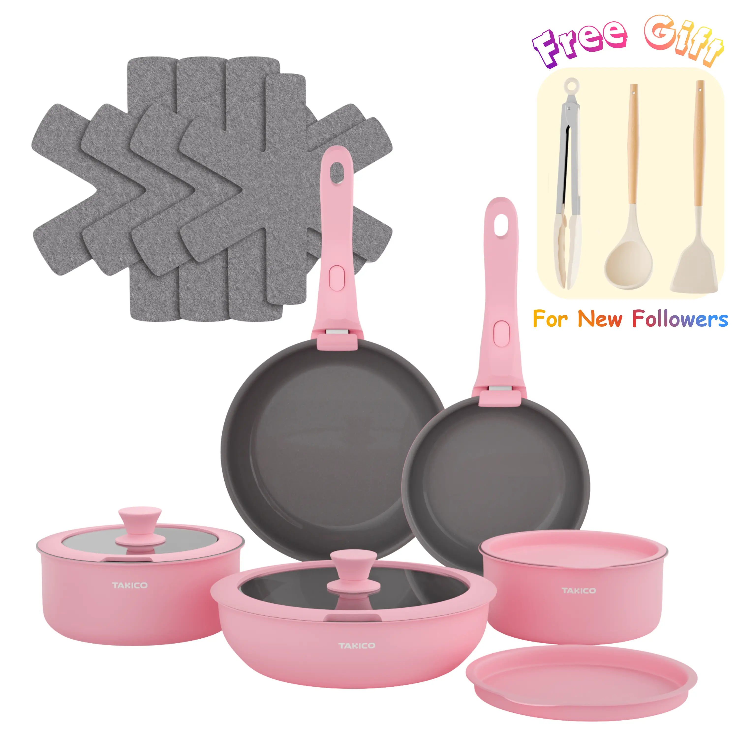 New Ceramic Granite Cookware Set with Detachable Anti-scald Handle Pots Nonstick Kitchenware Oven Dishwasher Fridge Safe Space Saving Affordable Cookware Pink Pan Frying Dinnerware Includes 8" 10" Fry Pans 2-qt 3-qt 4-qt Saucepans Silicone Lids Utensils f