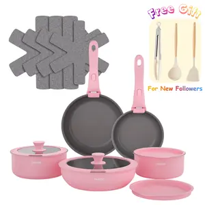 【Free Gift】 Ceramic Granite Cookware Set,Detachable Anti-scald Handle Pots, Nonstick Kitchen Cookware Oven/Dishwasher/Fridge Safe, Space Saving Affordable Cookware Pink Pan Frying