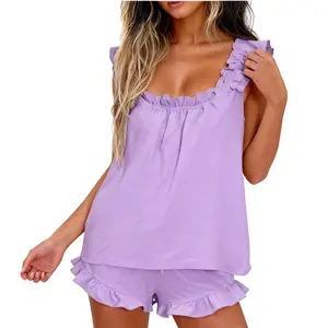 Women Pajamas Sets Ruffle Trim Sleeveless Top and Shorts Casual Sleepwear Set Loose Fit Breathable Loungewear Pjs Cozy Home Loungewear Short Loungewear Set Fashionable Lady All Season Pajamas Bridal Pajama Gift Regular Wea