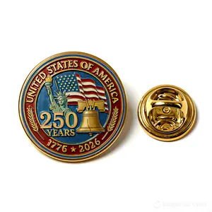 America 250th Anniversary Commemorative Round Enamel Pin - Liberty Bell & Statue Design - Gold Edition 0.98"