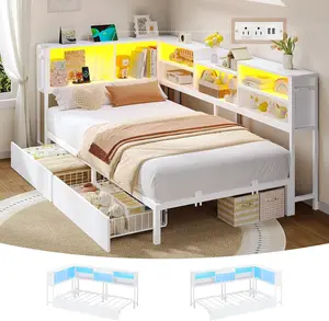 Sikaic Corner Bed Frame with Storage Bookcase & Drawers, Daybed with LED Lights & Charging Station, Metal Platform Bed for Kids, Teens, Guests, White