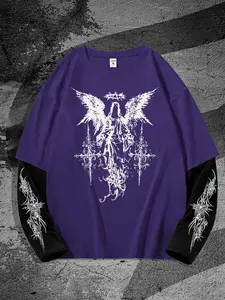 Men's Wing & Cross Print Long Sleeve Tee, Street Fashion Casual Loose Round Neck T-shirt for Daily Wear, Men's Clothes for All Seasons, Top