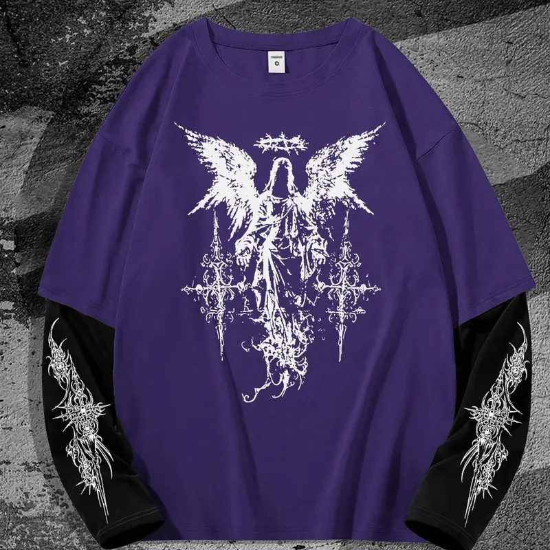 Men's Wing & Cross Print Long Sleeve Tee, Street Fashion Casual Loose Round Neck T-shirt for Daily Wear, Men's Clothes for All Seasons, Top