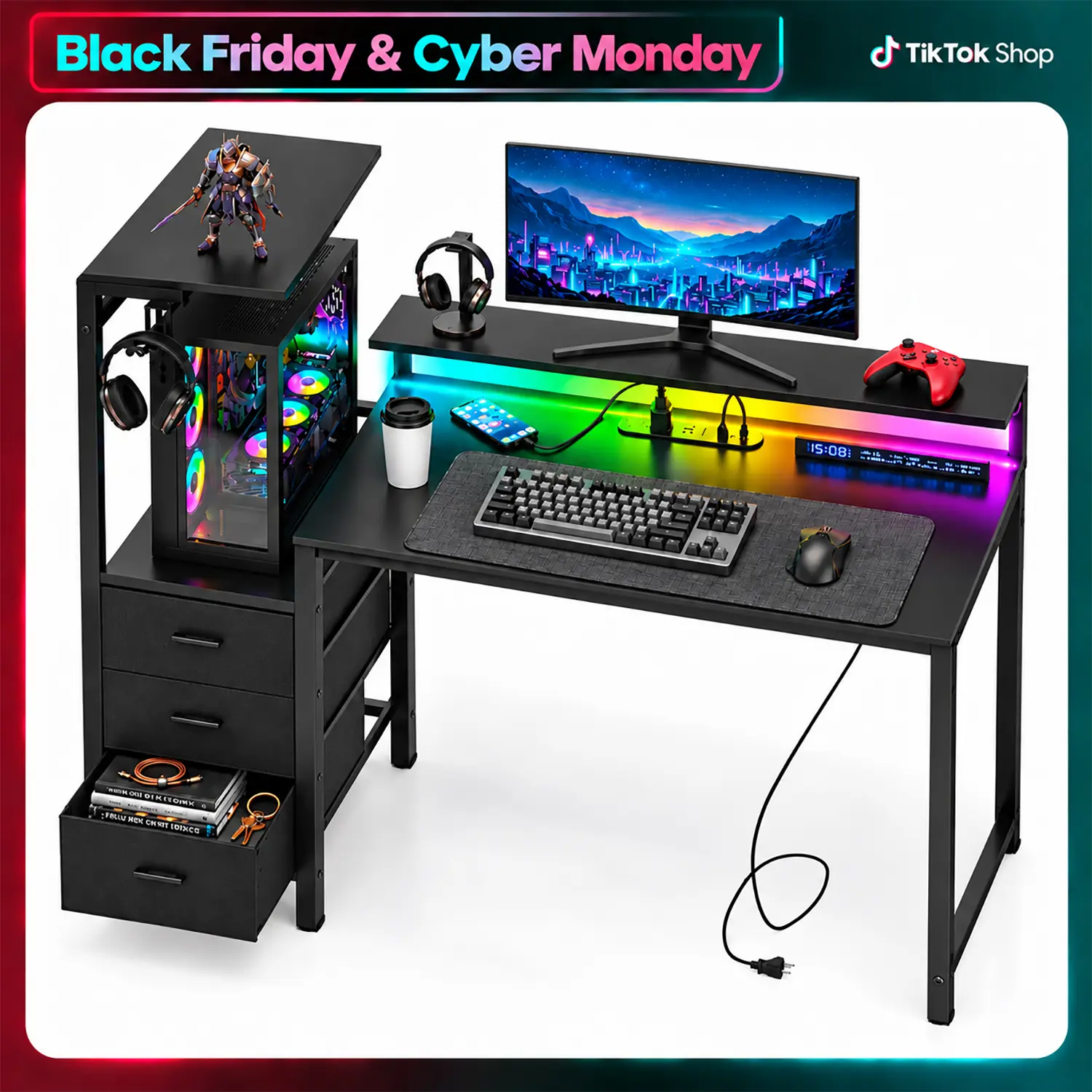 60-Inch Gaming Computer Desk - LED Lights, Power Outlets (2 AC, 2 USB-A, 1 USB-C), 3 Fabric Drawers, Monitor Stand, Full-Tower PC Case Stand, Side Hooks for Home Office Study familyfun