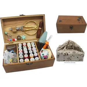 Sewing Kit, Wooden Sewing Kit Box Basket with Compartment, Stitching Repair Tool Kit Accessories Organizer, Wood Vintage Sewing Box for,Men, Adults, Girls, Kids