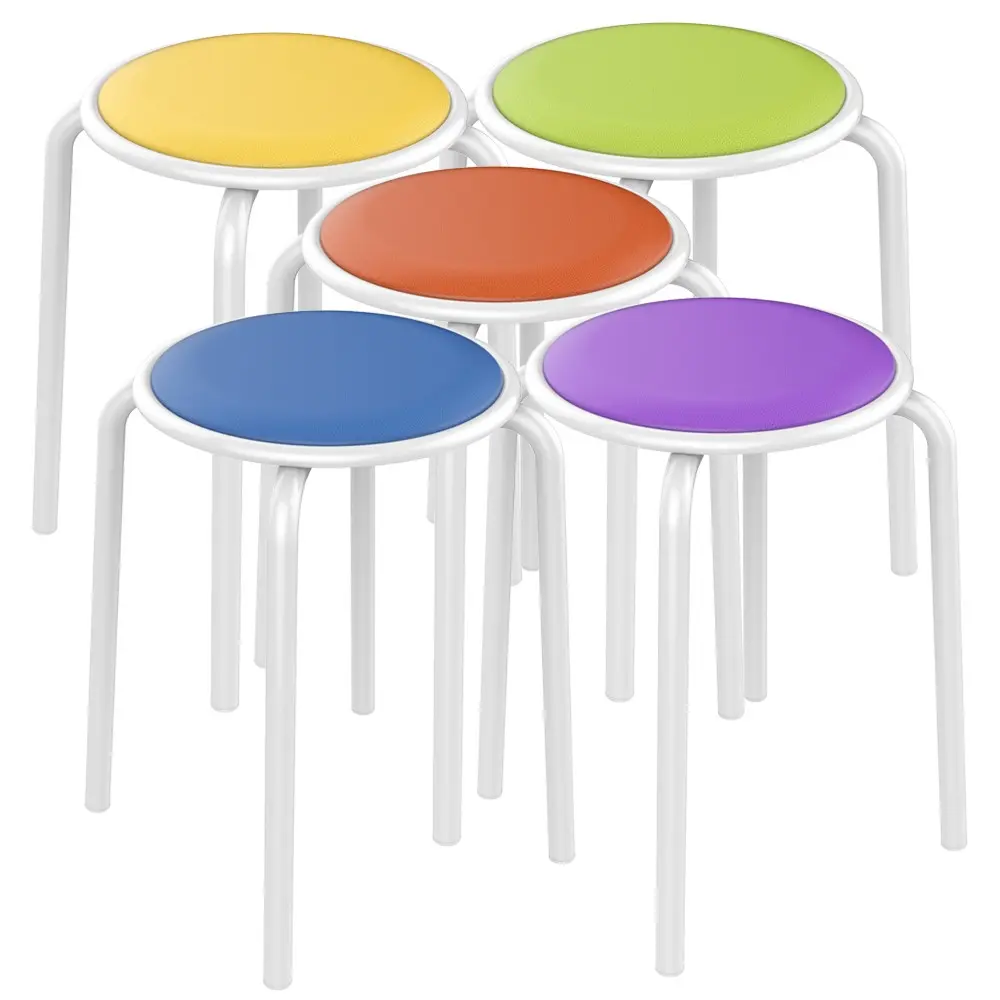 Costoffs 18-Inch Modern Armless Soft Cushioned Leather Stackable Round Stools (Pack of 5) - Portable Nesting Metal Benches, Upholstered, Floor-Friendly, 276 lb Capacity, for Home Kitchen Indoor & Outdoor Bar Use, Soft Cushioned Stool, Barstool Chairs