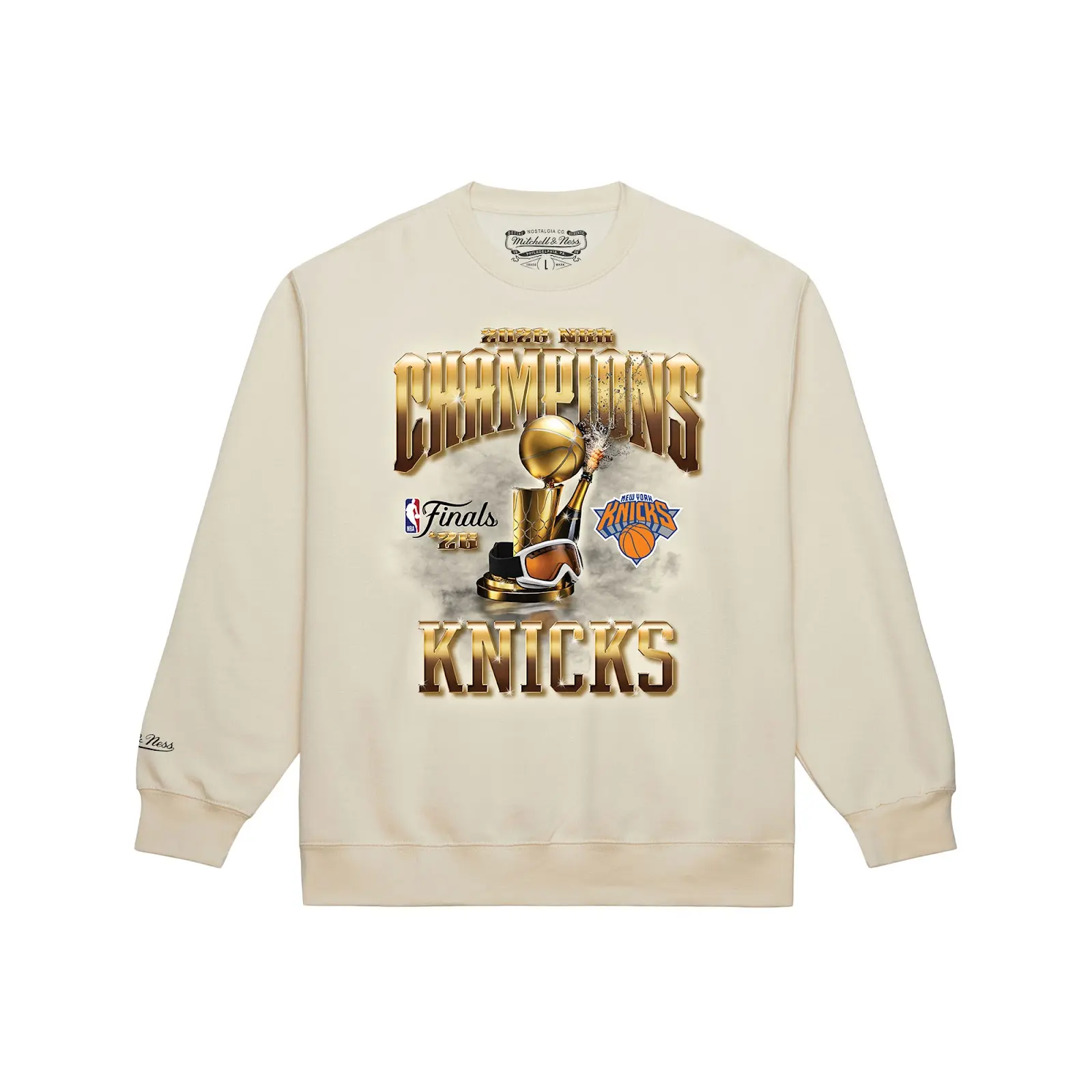 New York Knicks Cream 2026 NBA Finals Champions Long Sleeve Crewneck NBA Throwback Fleece Vintage Fan Gear Mitchell & Ness
