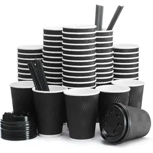 Insulated Disposable Coffee Cups with  & Straws 12 oz, 100 Packs - Paper Cups for Hot Beverage Drinks To Go  Coffee  Office  Coffee Shop Party (Black)