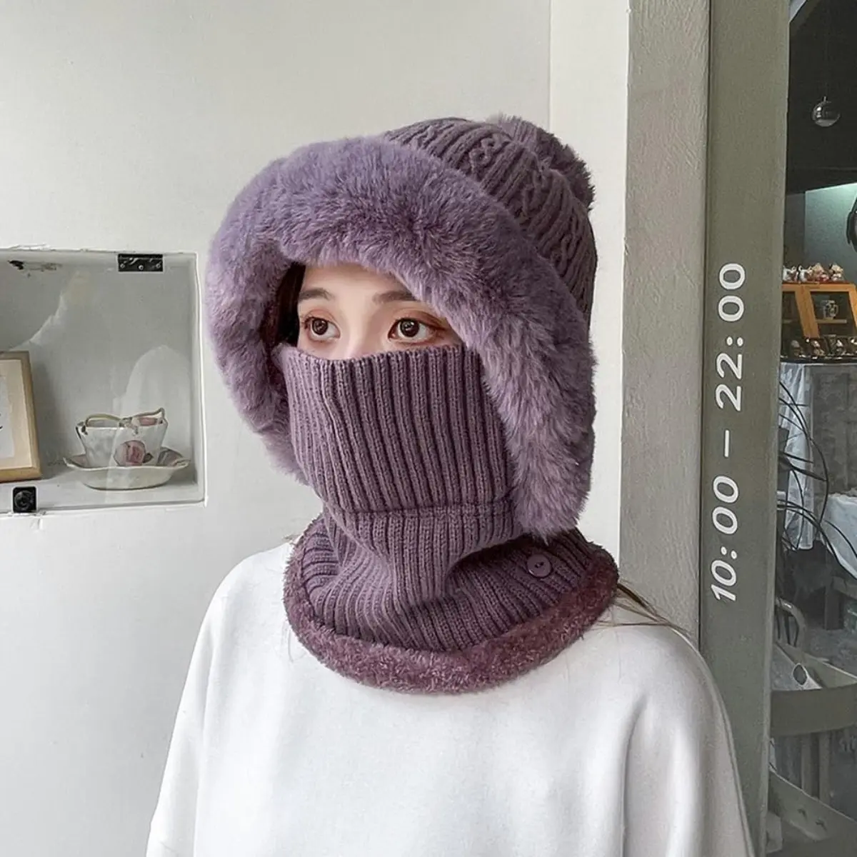 Knit Fleece Cap Beanie Hat Women Balaclava Visor One-Piece Neck Circle Scarf Ski Snow Winter Cold Weather