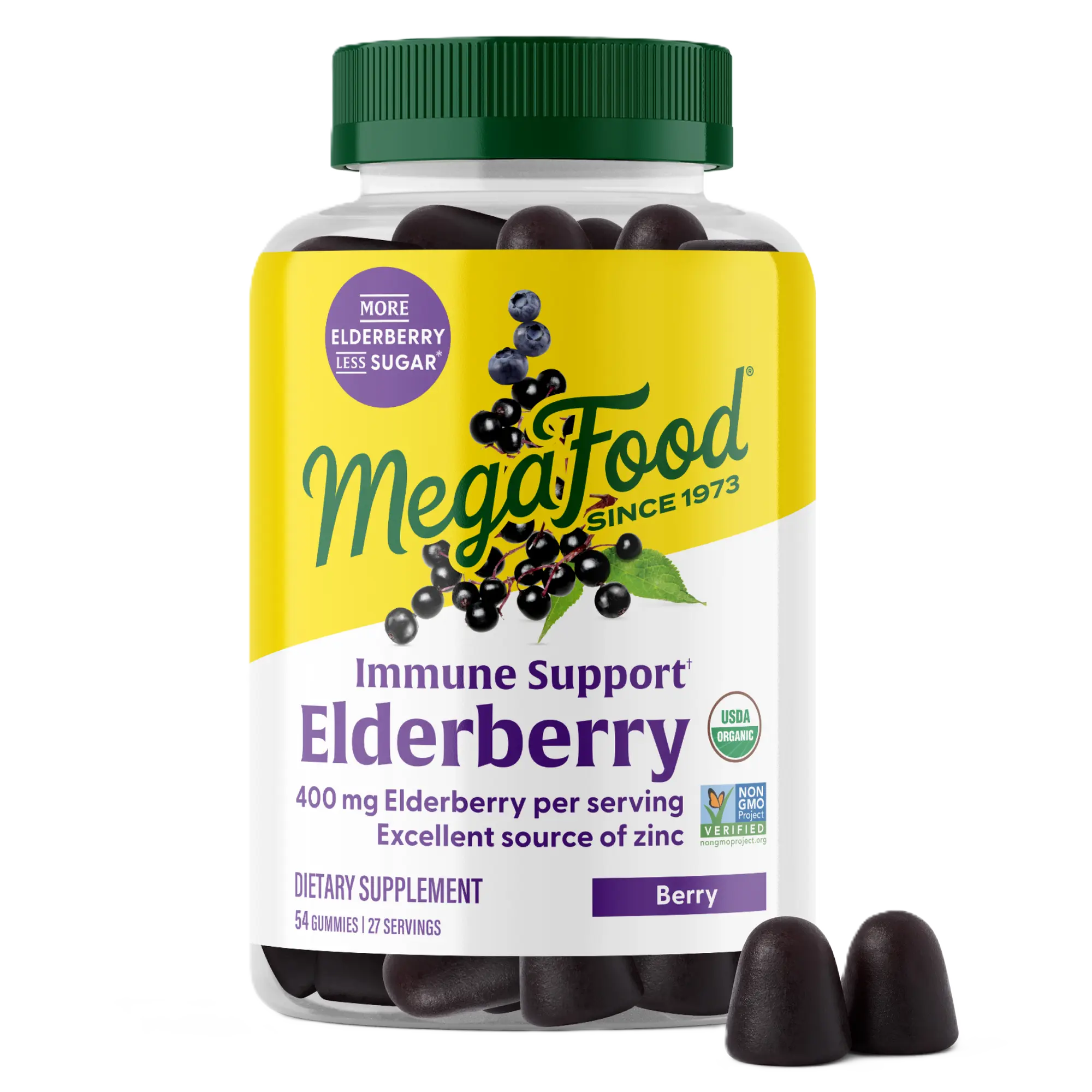 MegaFood Elderberry Immune Support Gummies- For Ages 4+. Delicious Berry flavor with Blueberries and Ginger. 54 Gummies