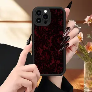 Red Background Black Lace Patterns Retro Dark Cool Girl-Themed Protective Phone Case, Phone Cover, Suitable for iPhone 17/16/15/14/13/12/11 Pro, Plus, Pro Max, Mini, X Series, Shockproof, TPU Material