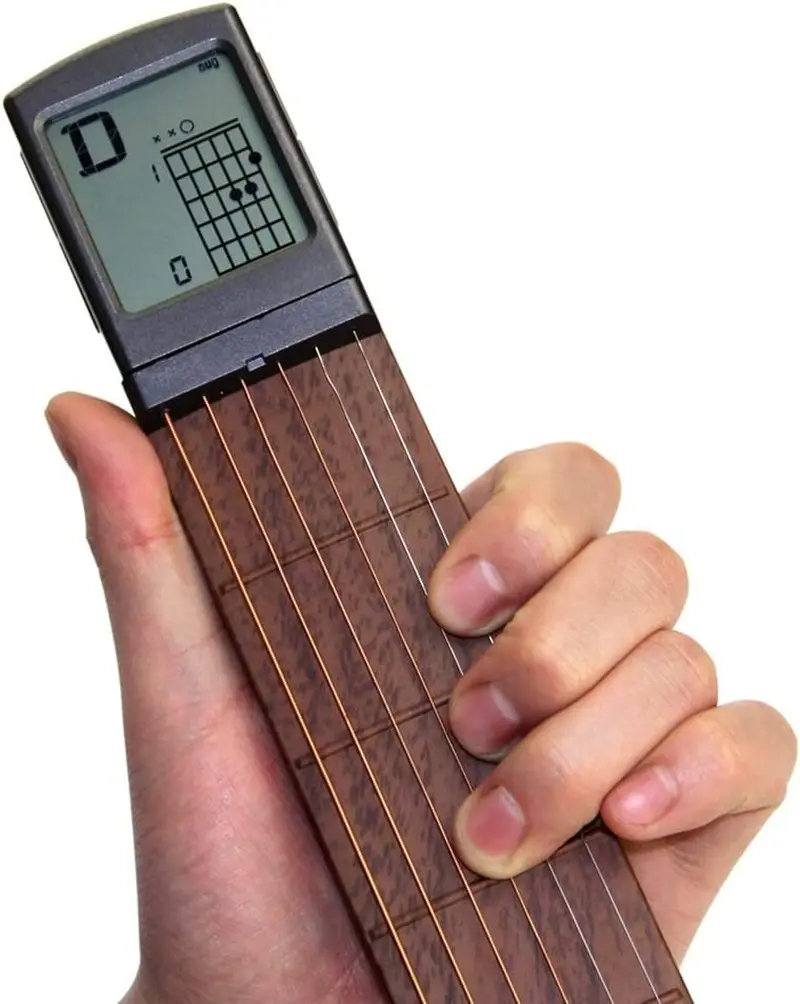 Pocket Guitar Chord Practice Tool, Portable Guitar Neck for Trainer Beginner W/A Rotatable Chords Chart Screen Battery Included Moreup