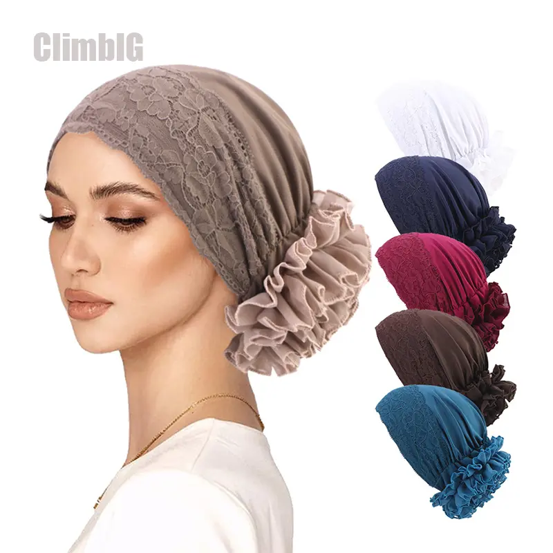 1-Piece /3-Piece Ruffled Chiffon Hijab Undercap Set – Stretchy Lace Cap, Breathable Women's Headscarf