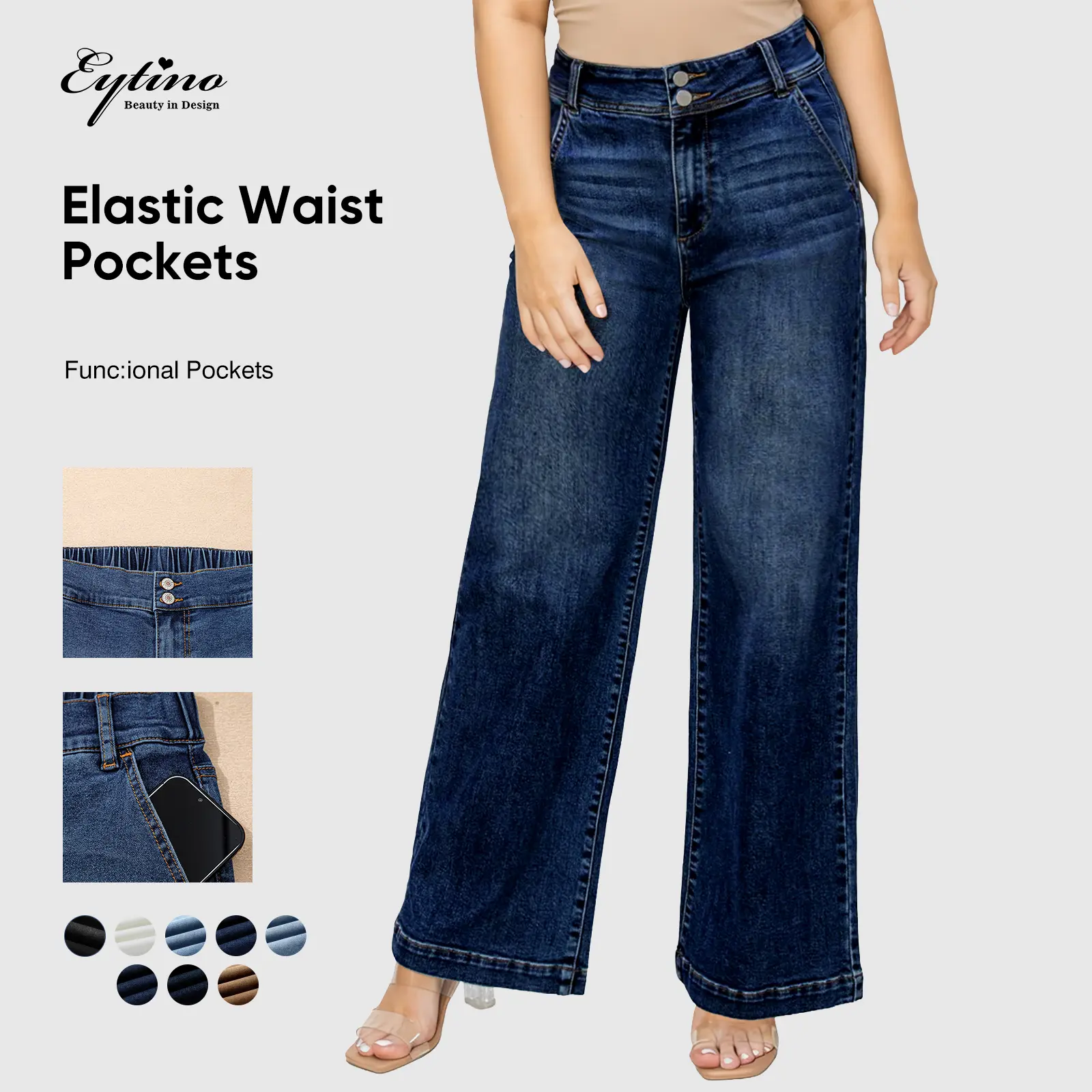 Eytino Women Plus Size Wide Leg Jeans High Waist Stretchy Straight Leg Jean Trendy Baggy Denim Pants with Pockets(1X-5X)