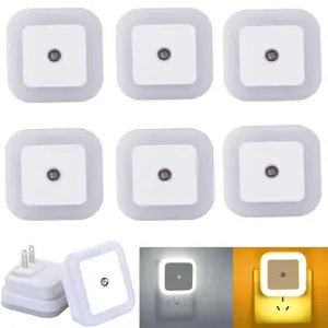 Square Light Controlled Nightlight, LED Night Light Lamp with Smart Sensor Dusk to Dawn Sensor Plug-in Warm White 6-Pack