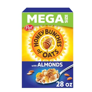 Post Honey Bunches of Oats with Almonds Breakfast Cereal, Honey Cereal with Granola Clusters and Sliced Almonds, Family Size Cereal, 28 OZ Box