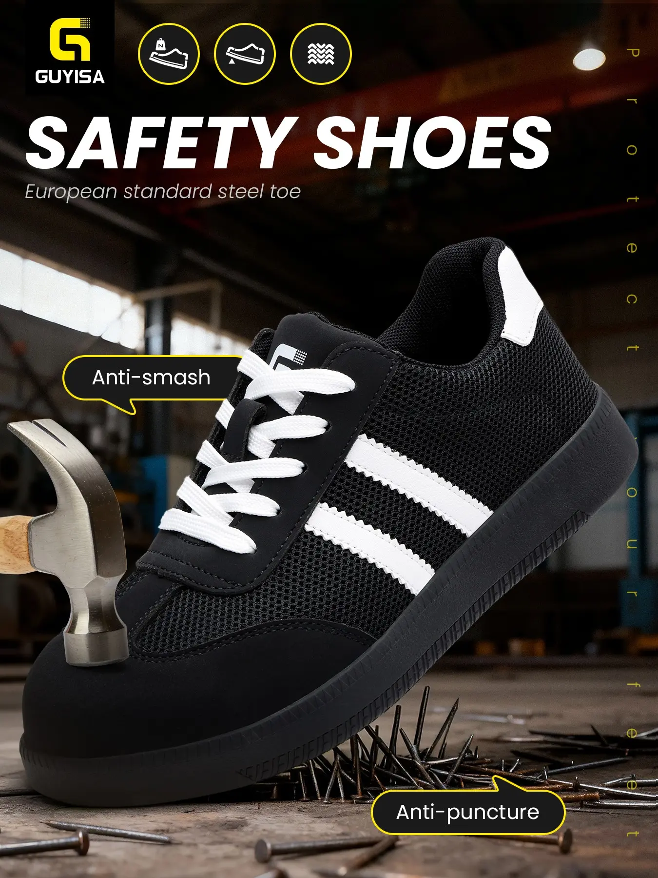 Guyisa Men's Safety Shoes, Work Safety Footwear, Non Slip Safety, Anti-Puncture Steel Toe, Comfortable Soft Sole, Low Top, Ideal for Construction and Auto Manufacturing