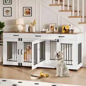 71" Modern Dog Crate Furniture for 2 Dogs, Large Wooden Kennel with 3 Storage Drawers & Removable Divider, Heavy Duty Pet House TV Stand for Living Room, XL Indoor Furniture Crate for Large Breeds, Space-Saving Side Table