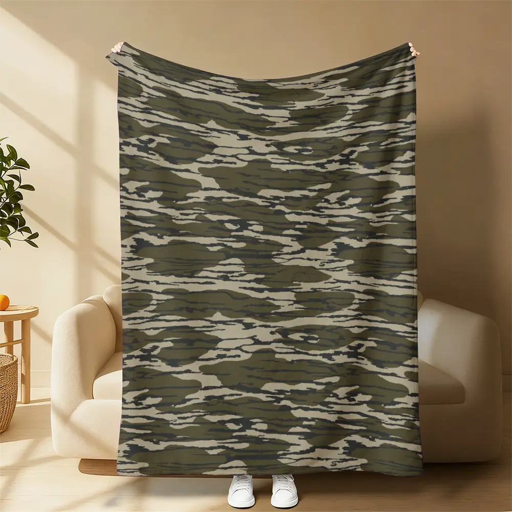 Natural Tone Retro Printed Flannel Throw Blanket - Brown Wood Camouflage Print, Bedding, Men's Room Accessory, Ideal for Indoor-Outdoor Use, Gift for Outdoor Enthusiasts, Printed Flannel Blanket